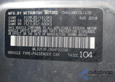 2019 Mitsubishi Mirage G4 Es z USA, uszkodzony, nr VIN ML32F3FJ3KHF00396